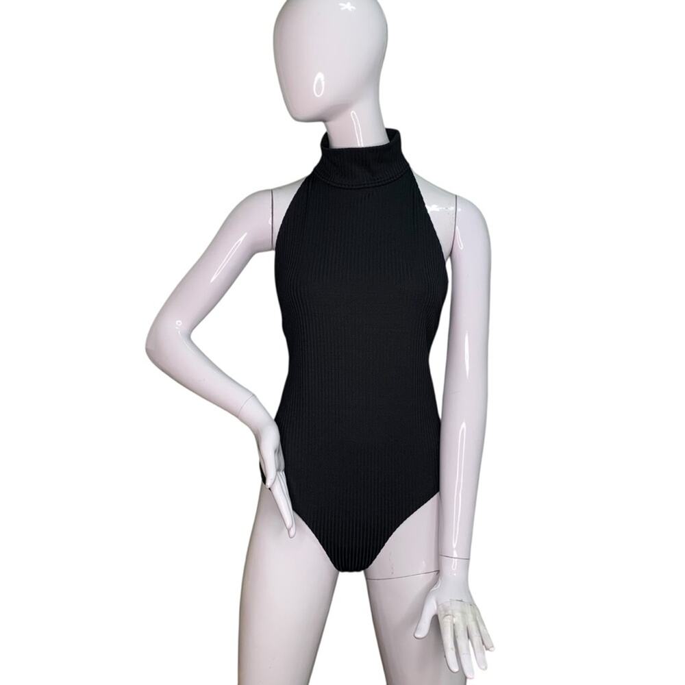 Victoria Sport Ribbed Bodysuit High Neck Sleeveless Full Lining Black Size L